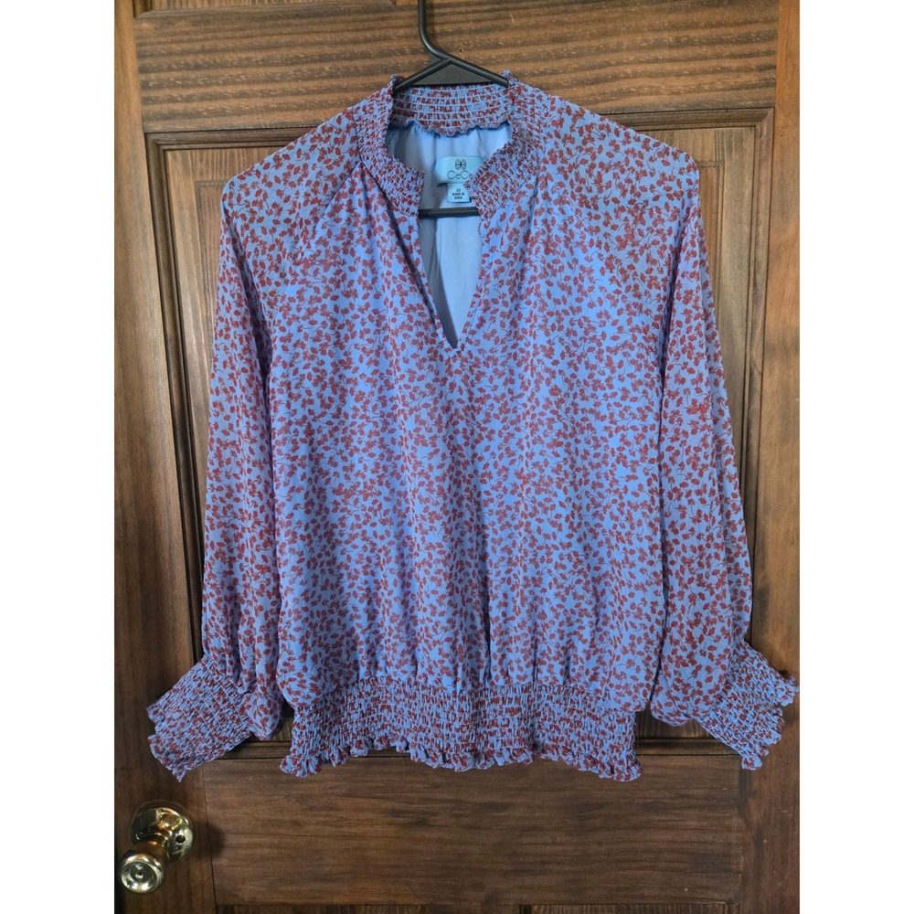 CeCe Womens Blue Floral Smocked Mock Neck V-Neck Blouson Blouse Top XS